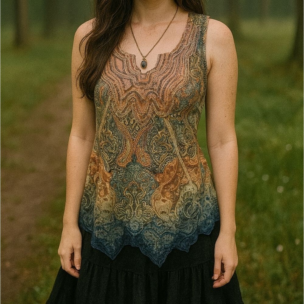 Y2K Bling Rhinestones Sequins Tank M Boho Paisley Sheer Hem Ethereal Whimsigoth
